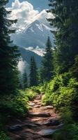 A path leads to a mountain with trees and clouds photo