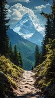 A path leading to a mountain with trees and a snow covered peak photo