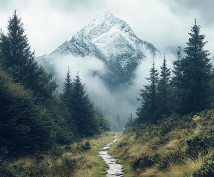 A path leads to a mountain covered in fog photo