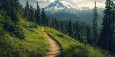 A path leads to a mountain with trees and grass photo