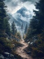A path leads to a mountain with trees and fog photo