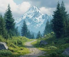 A path leads to a mountain range with trees and grass photo