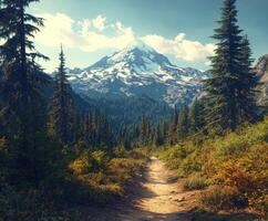 A trail leads to a mountain with trees and a sky photo