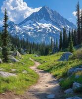 A path through a grassy field with a mountain in the background photo