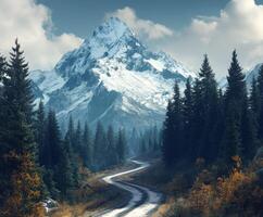 A road winding through the mountains with trees and snow photo