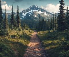 A dirt path leads to a mountain range photo