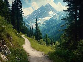A path leading to a mountain range with trees and grass photo
