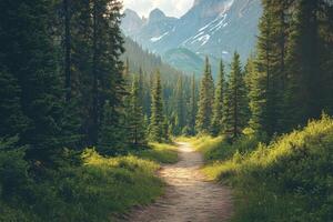 A path leads through a forest to a mountain range photo