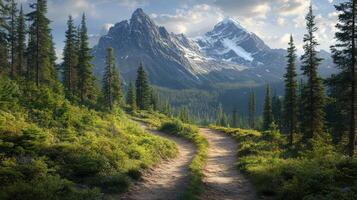 A dirt road leads to a mountain range photo