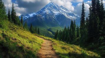 A path leads to a mountain range with trees and grass photo