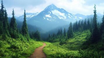 A path leads to a mountain with trees and grass photo