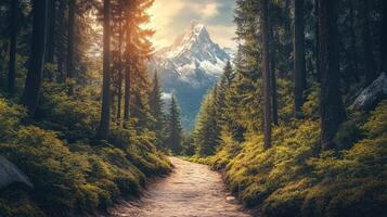 A path through the woods with a mountain in the background photo
