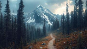 A path leads to a mountain with trees and a cloudy sky photo