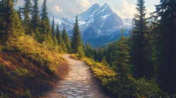 A path leads to a mountain range with trees and grass photo