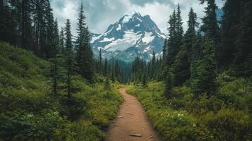 A dirt path leads to a mountain with trees and grass photo