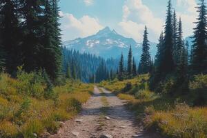 A dirt path leads to a mountain range photo