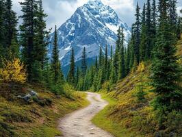 A dirt path leads to a mountain with trees and grass photo