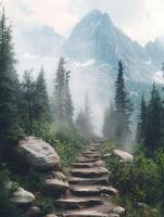 A path leads to a mountain with fog and trees photo