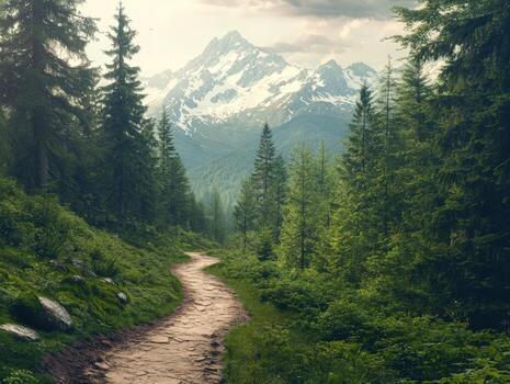 A dirt path leads to a mountain range with trees photo