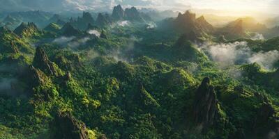 An aerial view of a mountain range with green trees photo