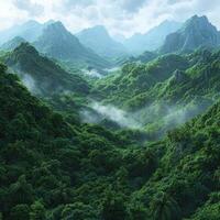 A green forest with mountains and clouds photo