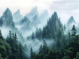 Majestic mountains shrouded in misty fog at dawn photo
