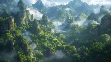 Lush green mountains emerge from the misty valley landscape photo