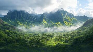 Lush green mountains with foggy valley in tropical landscape photo