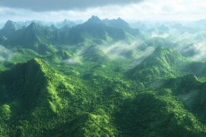 Lush green mountain landscape under a cloudy sky photo