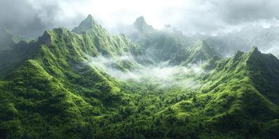 A green mountain range with trees and clouds photo