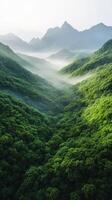 Vast green valleys and misty mountains at dawn photo