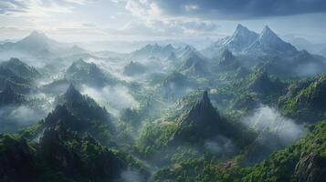 Breathtaking panoramic view of misty mountains at dawn photo