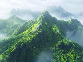 Stunning mountain landscape enveloped in misty green foliage photo