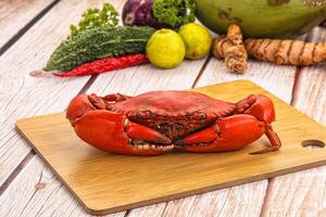 A crab on a cutting board with vegetables and spices photo