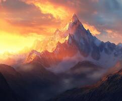 Majestic mountain landscape at sunset with vibrant sky photo