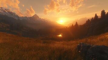 Breathtaking sunset over mountains and a tranquil lake photo