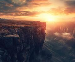 Sunset over rugged cliffs with a dramatic landscape view photo