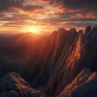 Stunning sunset over rugged mountain peaks in a serene landscape photo
