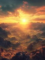 Majestic sunset over rugged mountains with vibrant colors photo