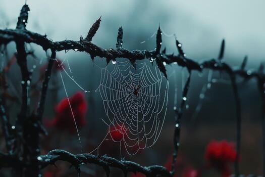 A spider web is on a barbed wire fence photo