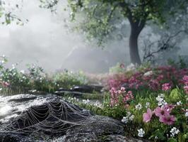 Misty forest path adorned with blooming flowers and dew photo
