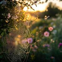 Morning dew glistens on a spider web in a flower garden photo