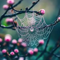 Dew-covered spider web glimmers among blooming branches photo