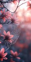 Morning dew glistens on flowers and a spider web photo
