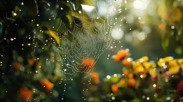Morning dew on a spider web among colorful flowers photo