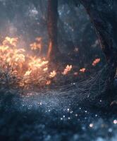 Misty forest with glowing flowers and a spider web photo
