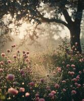 Morning dew glistens on flowers and spider web in garden photo