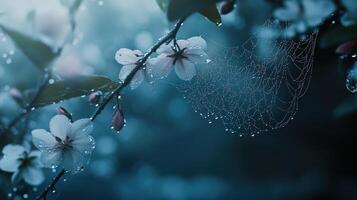 Delicate blossoms and a dewdrop web in a serene setting photo