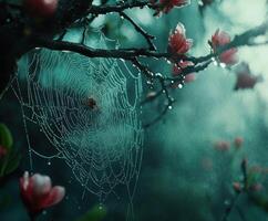 Delicate spider web adorned with dew in spring blossoms photo