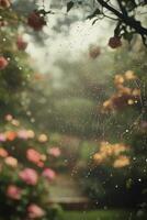 Morning dew glistens on spider web in vibrant garden photo